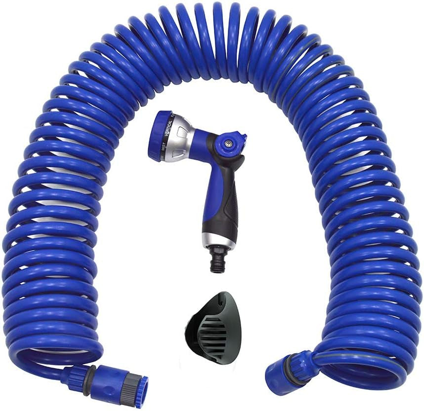 590078 – Jeu de tuyaux spiralés, bleu, 15 mètres (diamètre 9 mm) + pistolet multifonction avec 8 buses + filetage intérieur automatique avec adaptateur ¾-½ + 2 connecteurs rapides + support de suspension