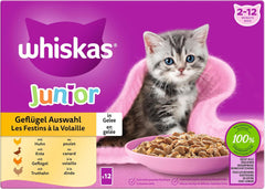 WHISKAS Junior Pliculețe pentru Hrană Umedă, Pachet Multiplu, Selecție de Carne de Păsări în Jeleu, 12 x 85g