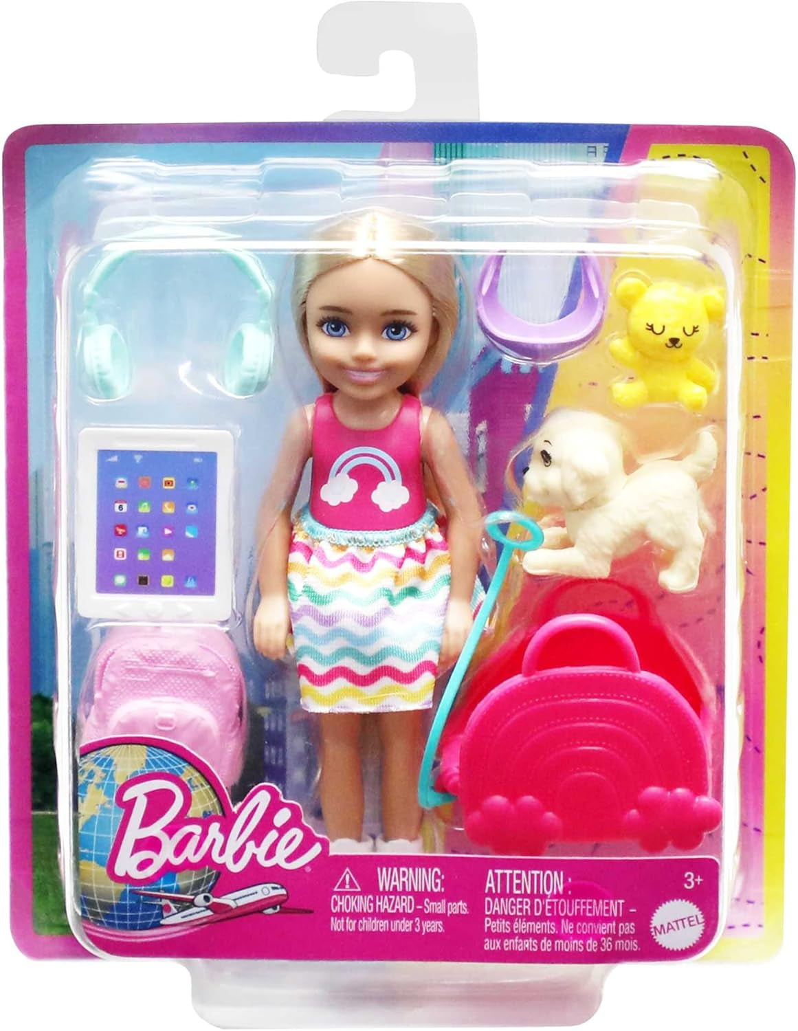 Barbie-Spielzeug, Chelsea-Puppe und Accessoires, Reiseset mit Hündchen und 6 Teilen, einschließlich Hundetragekorb, HJY17