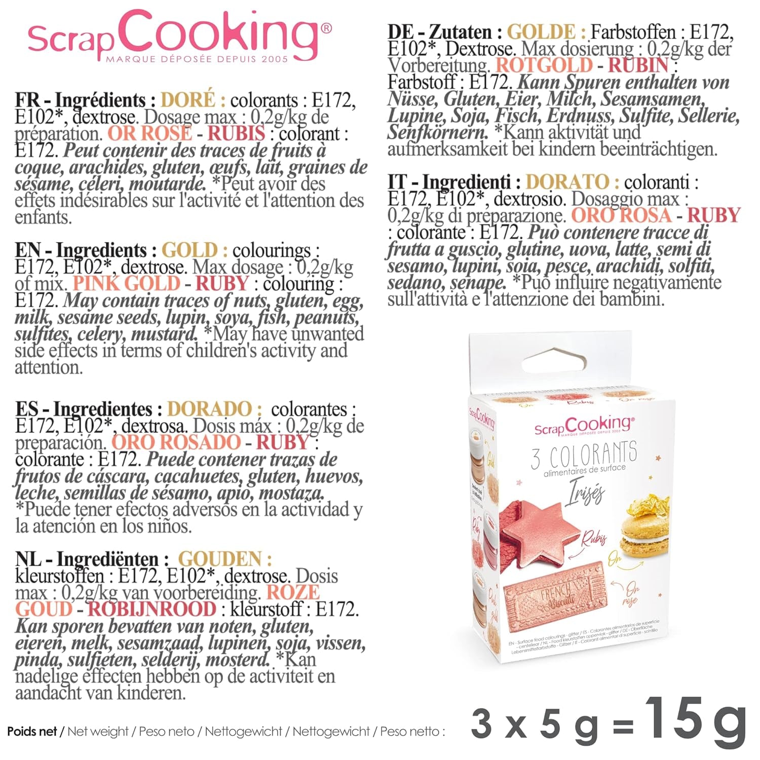 Scrapcooking - Set de 3 coloranți alimentari metalici - Colorant alimentar: auriu, auriu roz și rubin - Colorant alimentar comestibil pentru copt, prăjituri, fursecuri, torturi, ciocolată - 4019