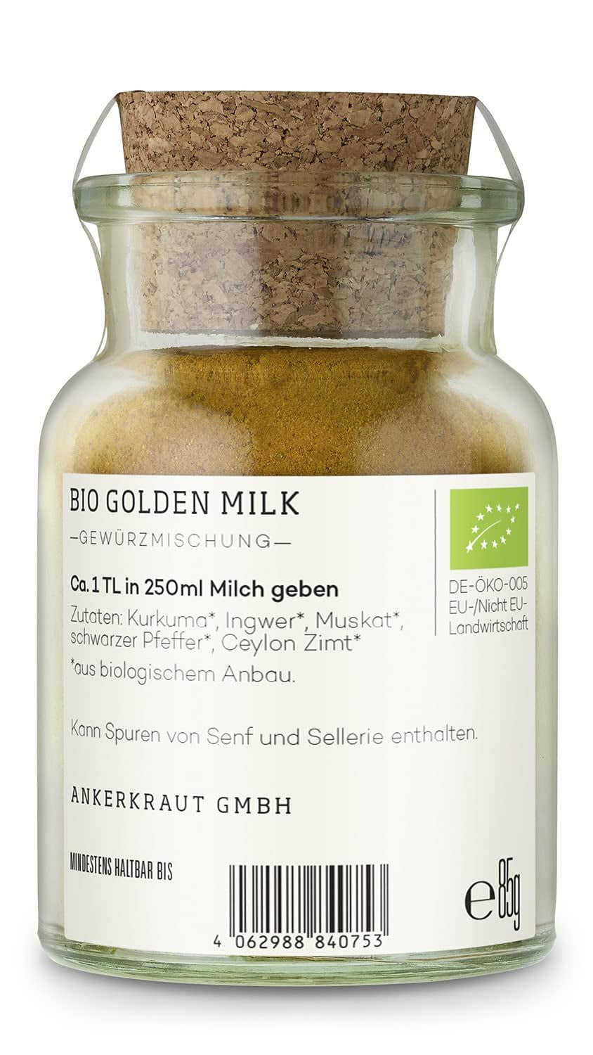 Ankerkraut Bio Golden Milk, Gewürz für goldene Milch, avec Curcuma, Zimt et Ingwer, 75 g dans un verre en liège