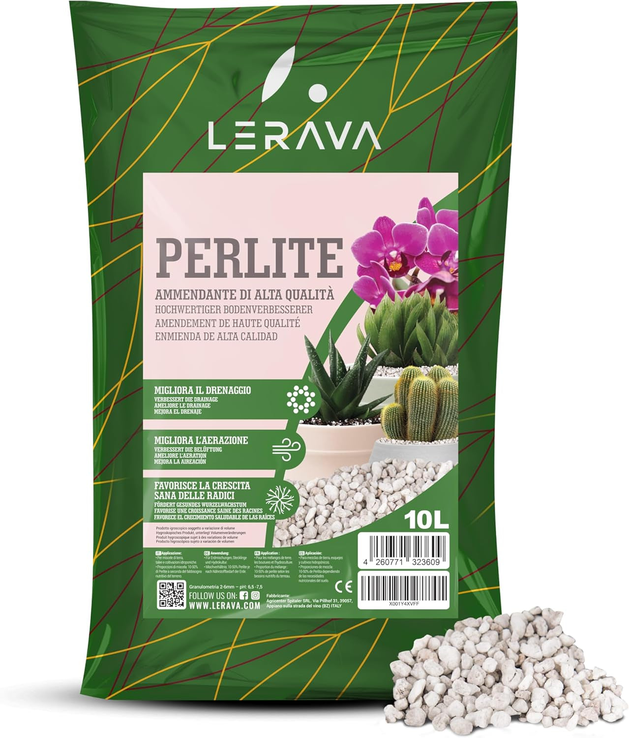 LERAVA® Perlite pour Plantes (5L) – Perlite à gros grains pour l'amélioration des sols – Assure un drainage et une aération optimaux – Additif naturel pour sols et culture hydroponique – Granulés pour plantes
