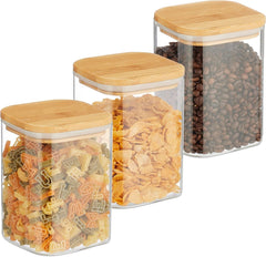 Lot de 3 bocaux de conservation Relaxdays avec couvercles en bambou, carrés en verre, 900 ml, étanches, transparents/naturels, boîtes de conservation alimentaire Naty Shop Default Title