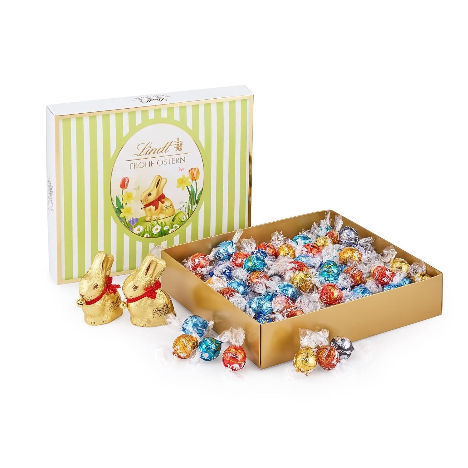 Pack varié de Pâques Chocolat Lindt LINDOR | 1,2 kg | 2 Chocolats au Lait GOLD BUNNY et 8 Variétés LINDOR : Chocolat au Lait, Noisette, Noir, Blanc, Noir 60%, Caramel, Caramel Salé, Stracciatella | Chocolat de Pâques | Le lapin de Pâques