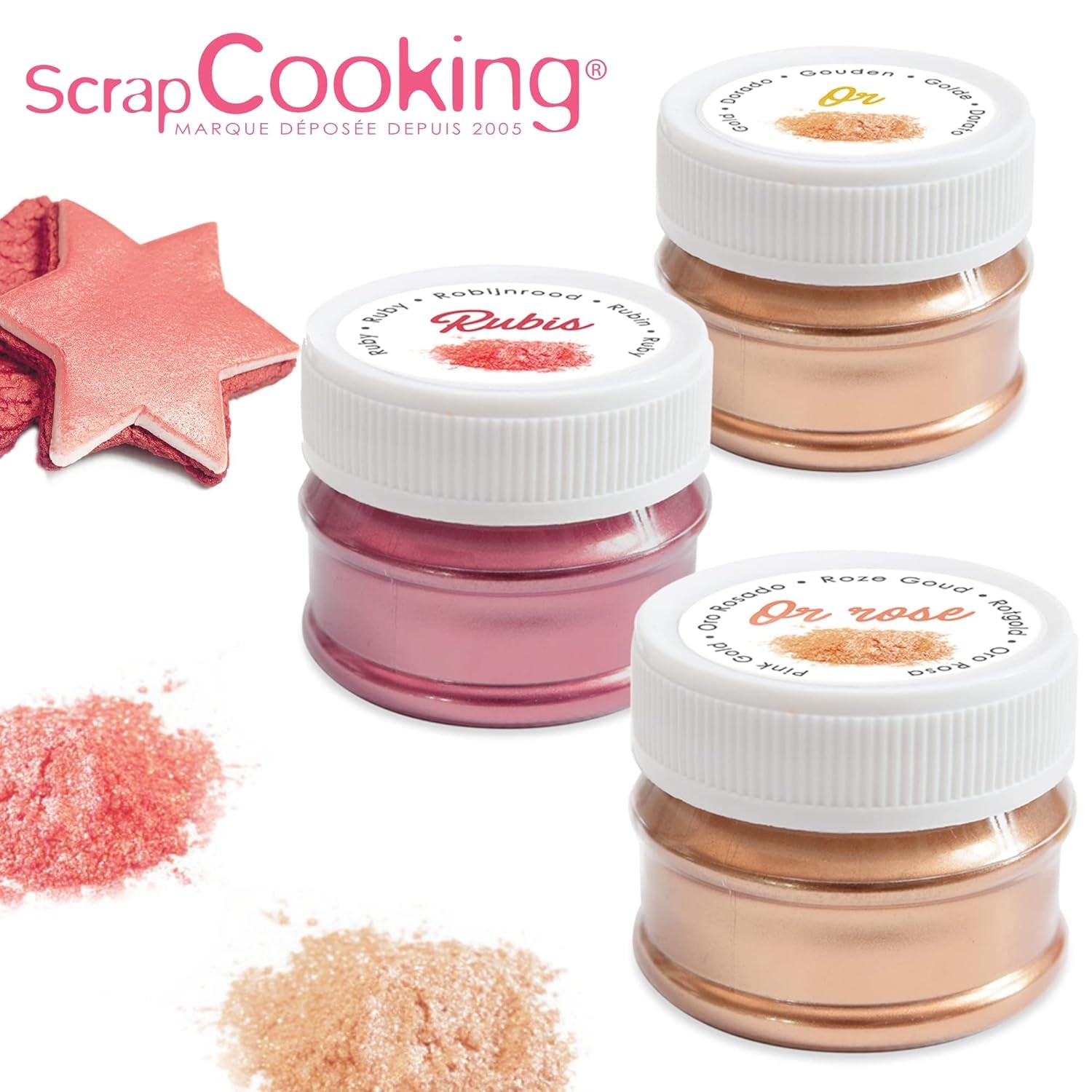 Scrapcooking - Lot de 3 Colorants Alimentaires Métallisés - Colorants Alimentaires : Or, Or Rose et Rubis - Colorant Alimentaire Comestible pour Pâtisserie, Gâteaux, Biscuits, Gâteaux, Chocolat - 4019