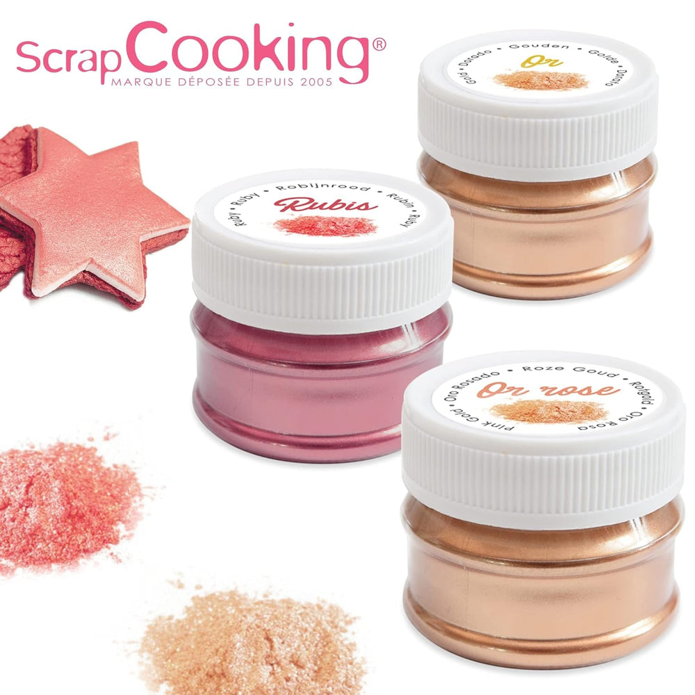 Scrapcooking - Lot de 3 Colorants Alimentaires Métallisés - Colorants Alimentaires : Or, Or Rose et Rubis - Colorant Alimentaire Comestible pour Pâtisserie, Gâteaux, Biscuits, Gâteaux, Chocolat - 4019