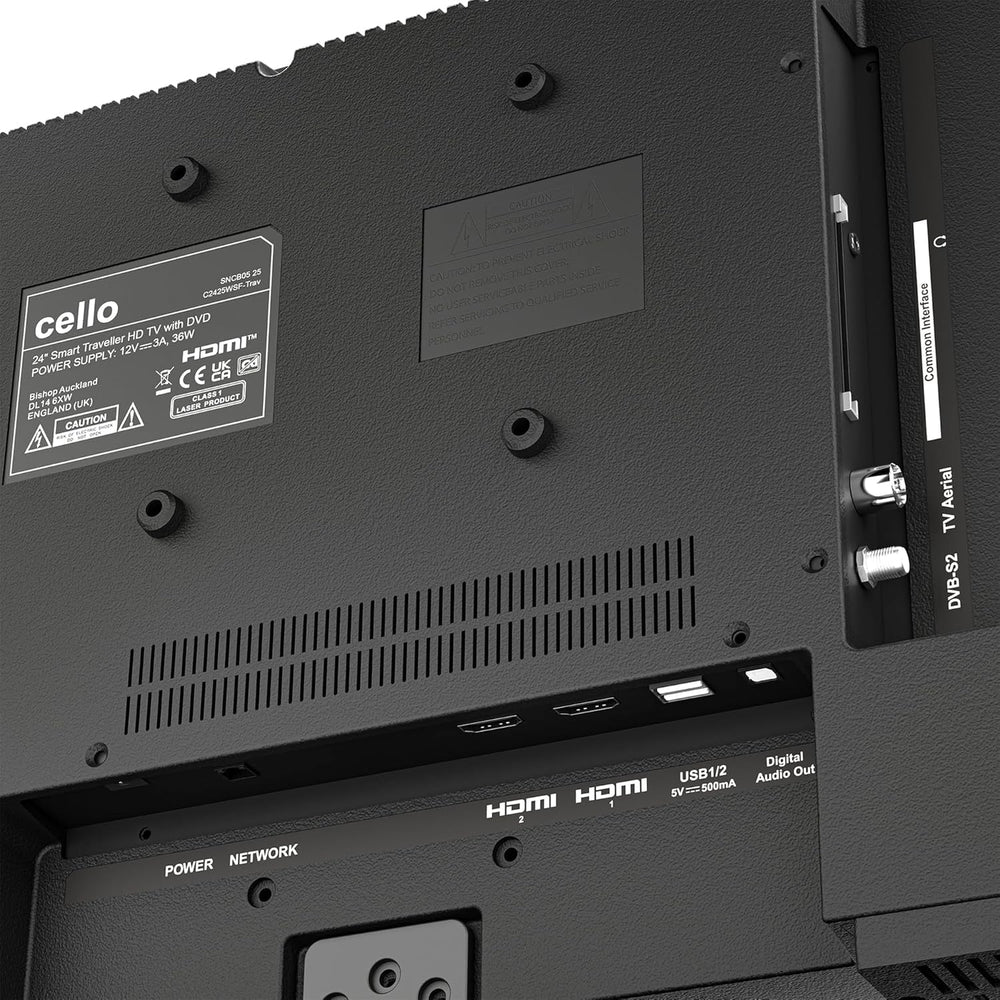 Cello C2425WSF Trav 24" 230V 12V Full HD SMART/DVD TV pentru camping, player DVD integrat, tuner triplu fără ramă, Bluetooth WebOS de la LG, difuzor Pitch Perfect pentru autorulote și camion [2025]