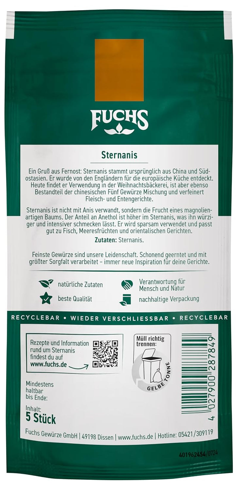 Fuchs Gewürze - Sternanis ganz | Ingrédient naturel | Sachet refermable et recyclable de 9 g