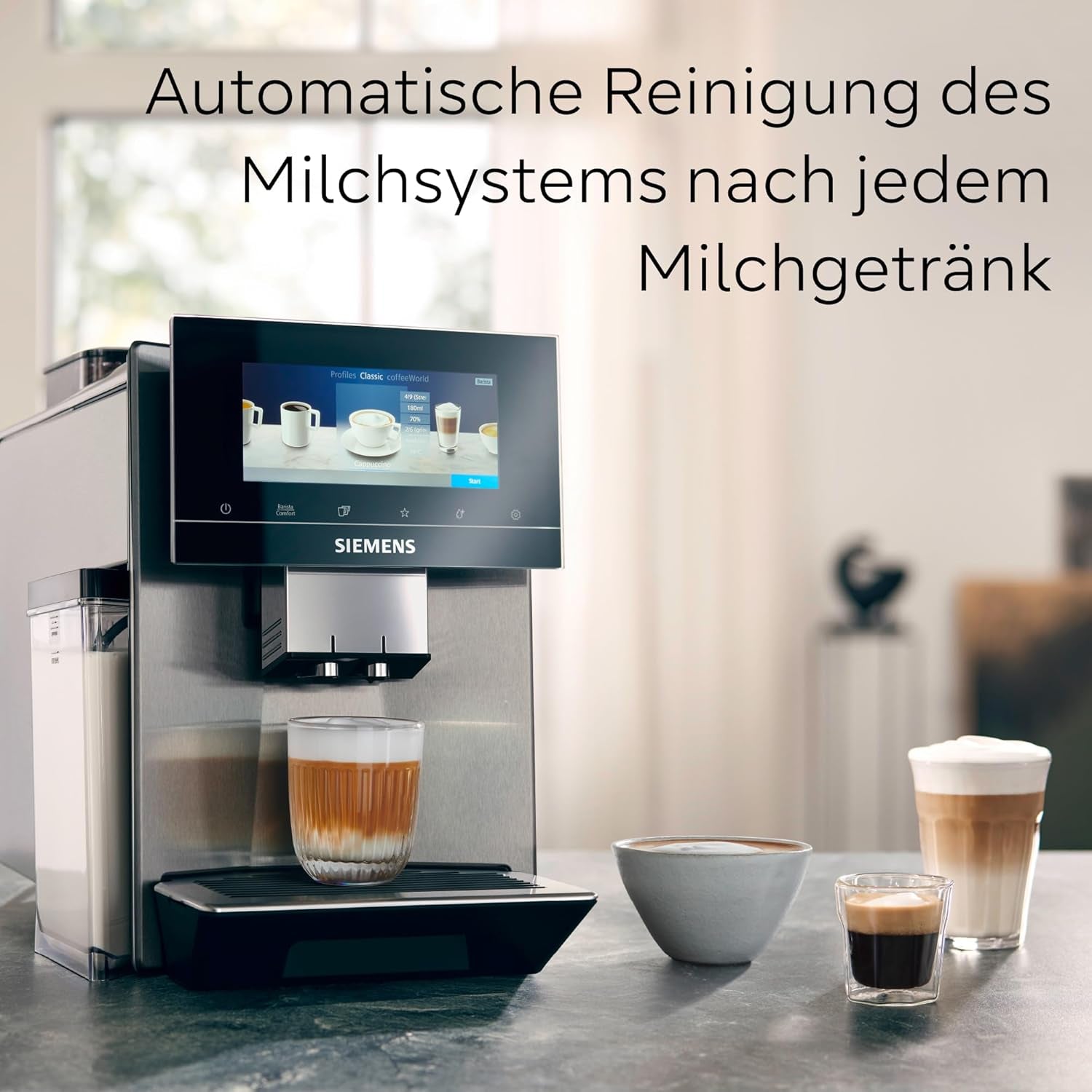 Machine à expresso automatique Siemens EQ900, grand écran couleur TFT, 2 réservoirs à grains, 36 boissons chaudes et froides, café froid, super silencieux, fonction deux tasses, contrôle par application, acier inoxydable, TQ907D03