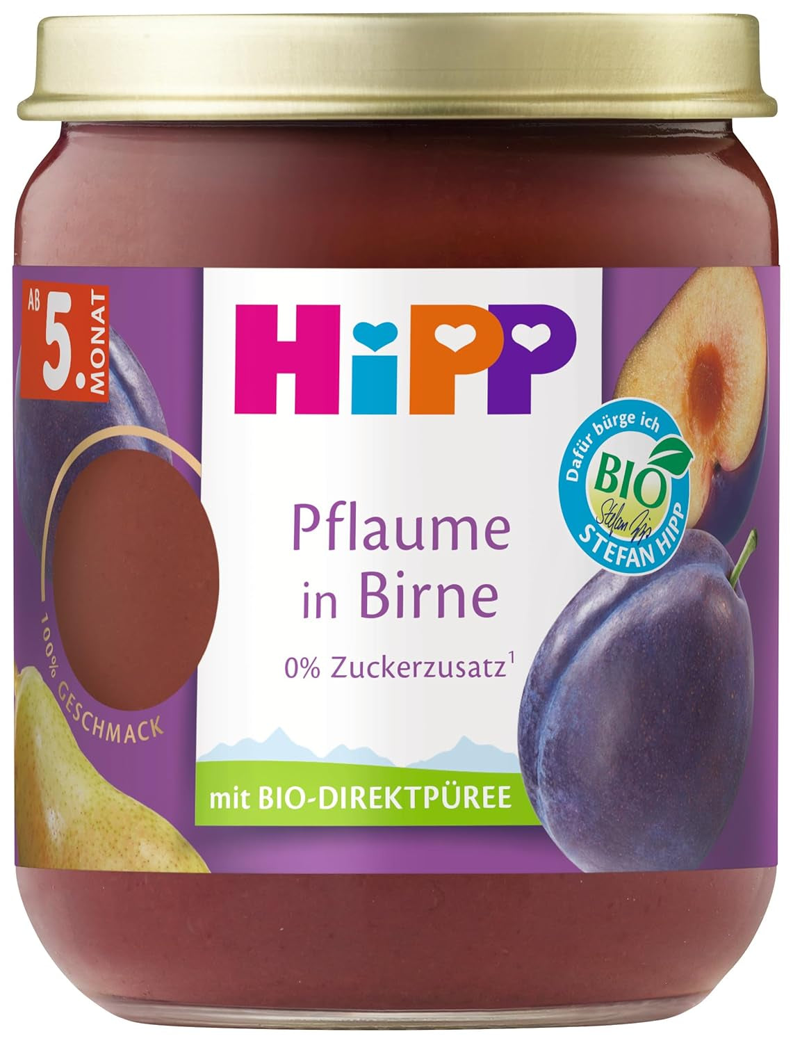 HiPP Prunes Bio saveur Poire (6 x 160g), dès 5 mois, sans sucre ajouté, saveur fruitée particulièrement intense, de la meilleure qualité bio.