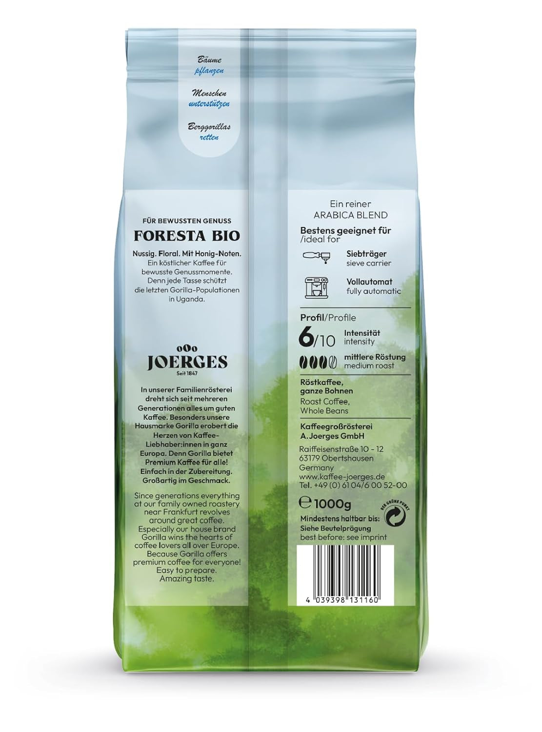Café Joerges Foresta 1000g grains entiers torréfiés | Mélange Arabica de qualité | Pour porte-filtre et machines à café entièrement automatiques | Espresso