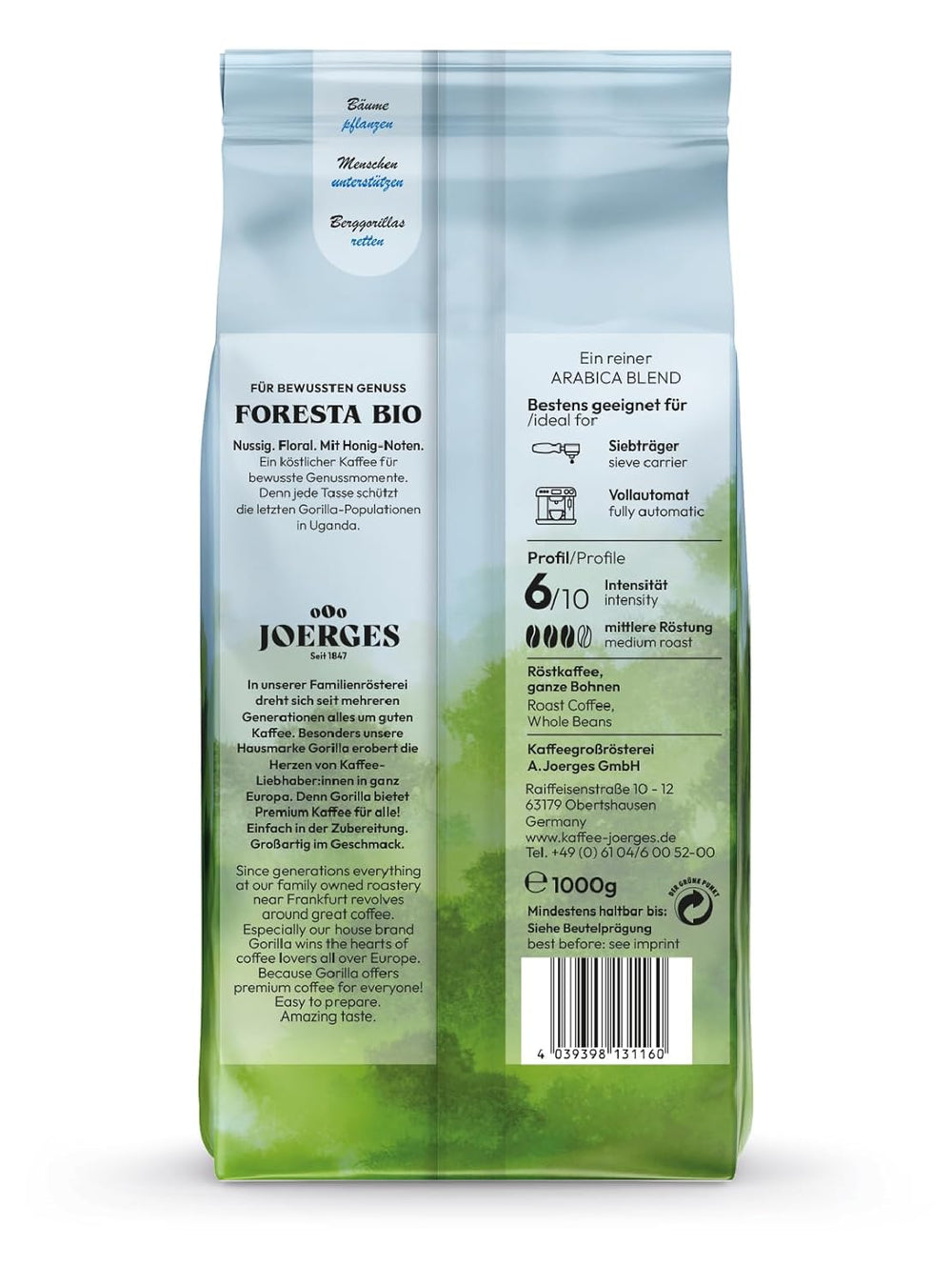 Café Joerges Foresta 1000g grains entiers torréfiés | Mélange Arabica de qualité | Pour porte-filtre et machines à café entièrement automatiques | Espresso