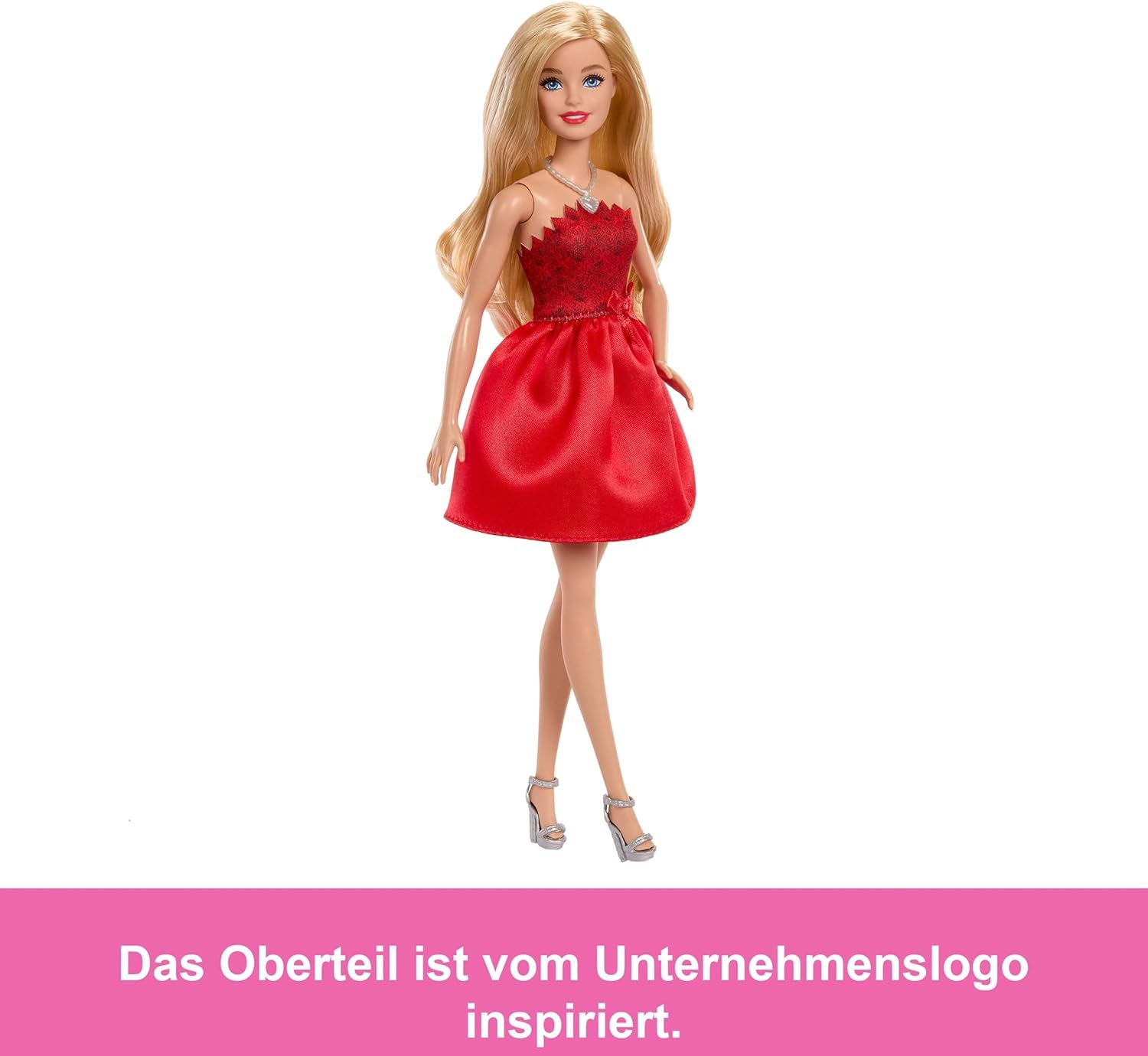 Mattel Rubinrote Blonde Barbie-Party-Modepuppe zum 80. Jubiläum roten Kleid mit silver Schuhen und Halskette, Sammelspielzeug, JGD25