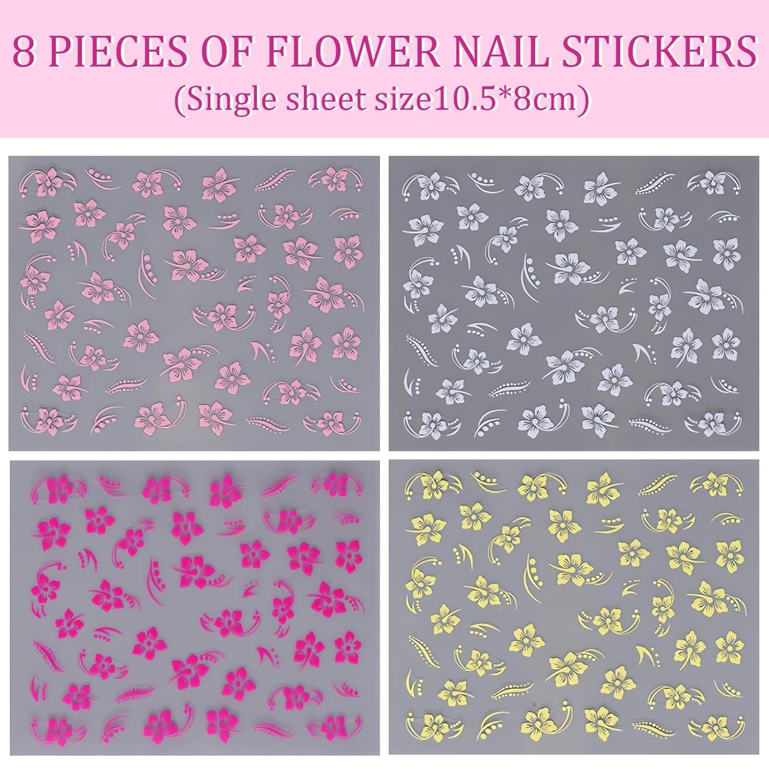 8 pièces Hibiskus Nagelsticker, 3D Selbstklebende Blumen Nagelaufkleber, Weiß Rosa Gelb Magenta Sommer Neonail Sticker, Nail Art Zubehör Nagel Deko Für Frauen