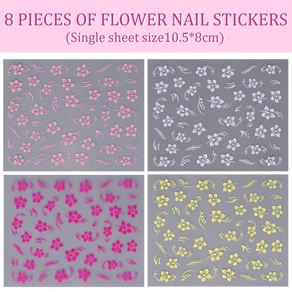 8 pièces Hibiskus Nagelsticker, 3D Selbstklebende Blumen Nagelaufkleber, Weiß Rosa Gelb Magenta Sommer Neonail Sticker, Nail Art Zubehör Nagel Deko Für Frauen