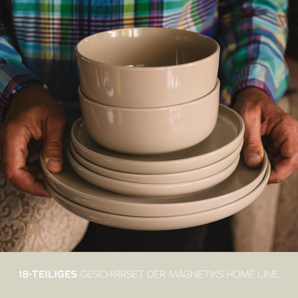 Service de table en grès cérame pour 6, 18 pièces – Plus solide et résistant aux rayures que les assiettes et bols en faïence, beige brillant | L'ensemble de vaisselle comprend 6 assiettes plates, 6 assiettes à dessert et 6 bols -