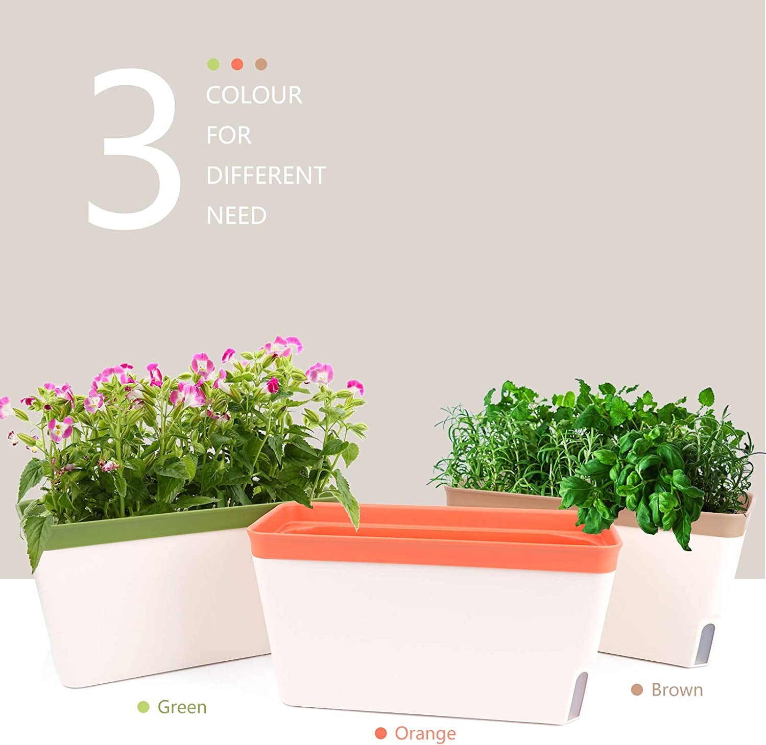 Pots de fleurs à arrosage automatique, lot de 3, pots de fleurs rectangulaires de 27 cm, pots à herbes, boîtes de rebord de fenêtre avec réservoir d'eau, pots de fleurs modernes en plastique pour intérieur et extérieur, jardin, bureau