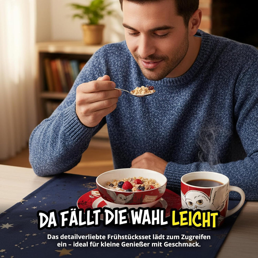 Service de table Harry Potter 3 pièces, rouge, service de petit-déjeuner en porcelaine avec assiette Ø 19 cm, tasse 220 ml et bol 330 ml, service de table