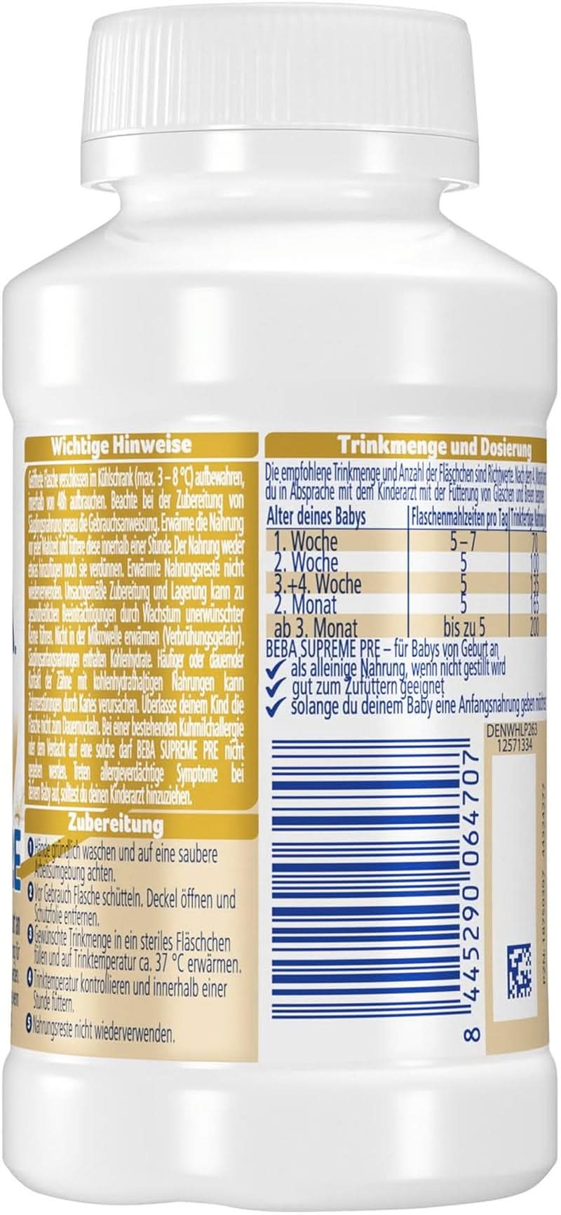 BEBA SUPREME PRE Lait initial prêt à boire dès la naissance, aliment pour bébé avec DHA, lactose uniquement, sans huile de palme, pack de 8 (8 x 200 ml) Mère et Enfant Naty Shop