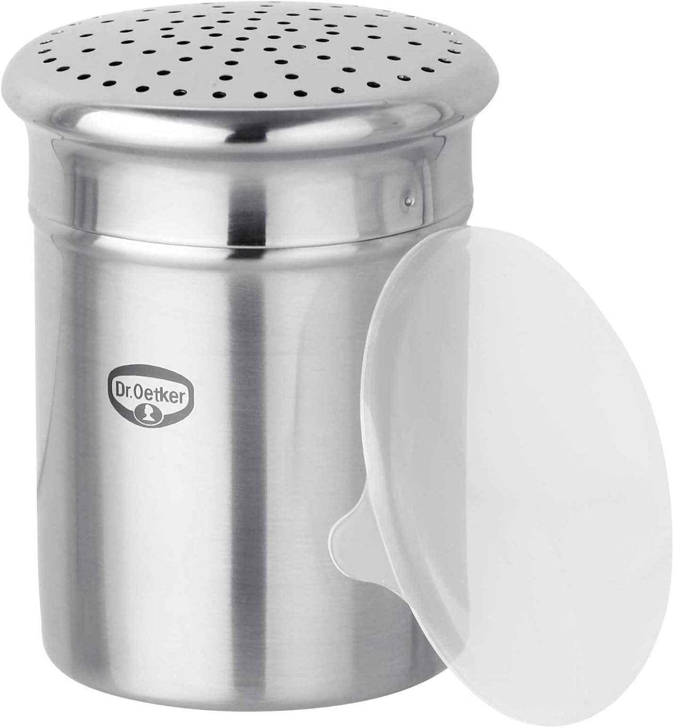 Dr. Oetker Sucrier grossier, ustensile de cuisine en acier inoxydable de haute qualité pour un époussetage décoratif et rapide, grande capacité, avec couvercle de protection, (couleur: argent), quantité: 1 pièce