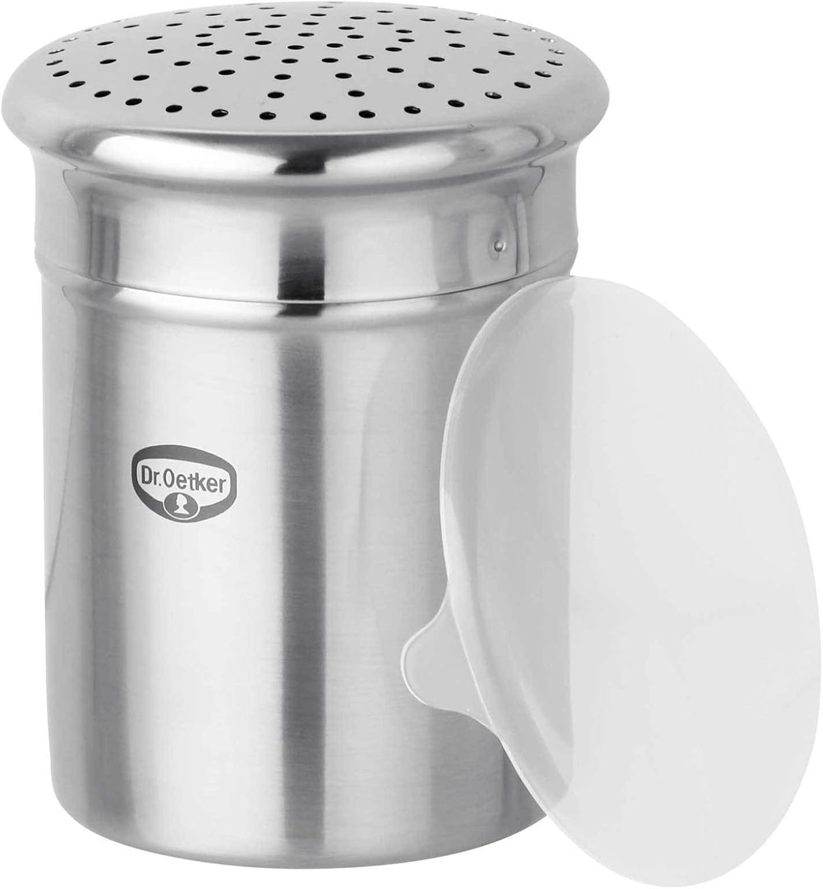 Dr. Oetker Sucrier grossier, ustensile de cuisine en acier inoxydable de haute qualité pour un époussetage décoratif et rapide, grande capacité, avec couvercle de protection, (couleur: argent), quantité: 1 pièce