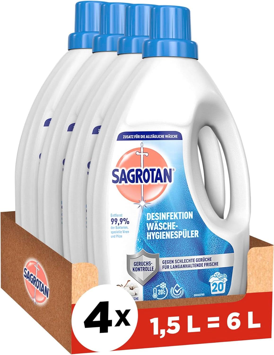 Sagrotan Détergent pour l'hygiène du linge Sky Fresh Recharge - effet désinfectant, pour un linge hygiéniquement propre et frais Détergents à lessive Naty Shop Set 4 x 1,5 litres