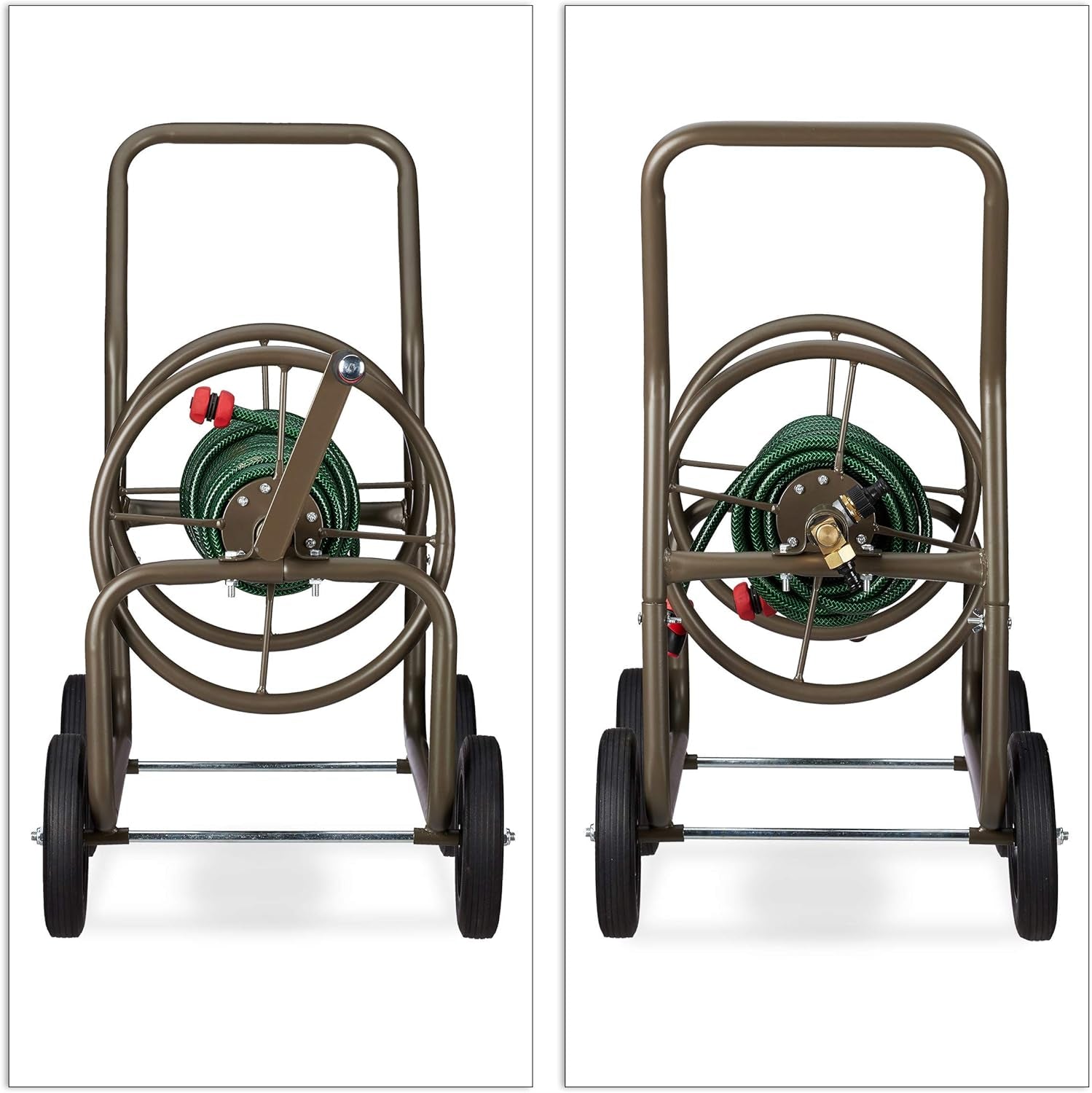 Dévidoir Relaxdays XL, enrouleur mobile, métal, pour tuyau 60 m, 4 roues, avec manivelle, rouleau 90°, marron