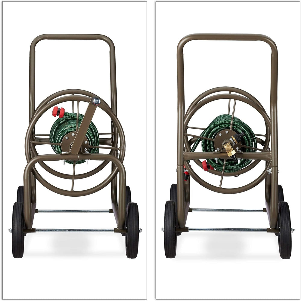 Dévidoir Relaxdays XL, enrouleur mobile, métal, pour tuyau 60 m, 4 roues, avec manivelle, rouleau 90°, marron