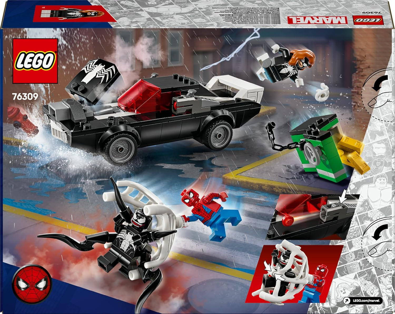 LEGO | Marvel Spider-Man Mech contre. Venom Muscle Car - Jeu de voiture avec 3 figurines Superhelden - Modèle de voiture avec Shootern - Conçu pour les jeunes et les filles à partir de 7 ans 76309