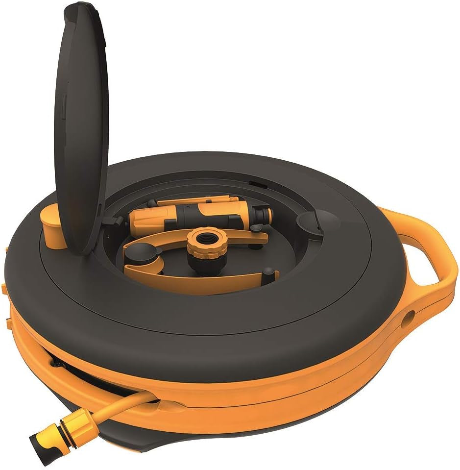 Fiskars Waterwheel XL, Set de udare all-inclusive, Rază totală de acțiune de 25 m, Retragere automată, Furtun de grădină universal (Ø 13 mm), Conector universal pentru robinet, Negru/Portocaliu, Seria X, 1067549