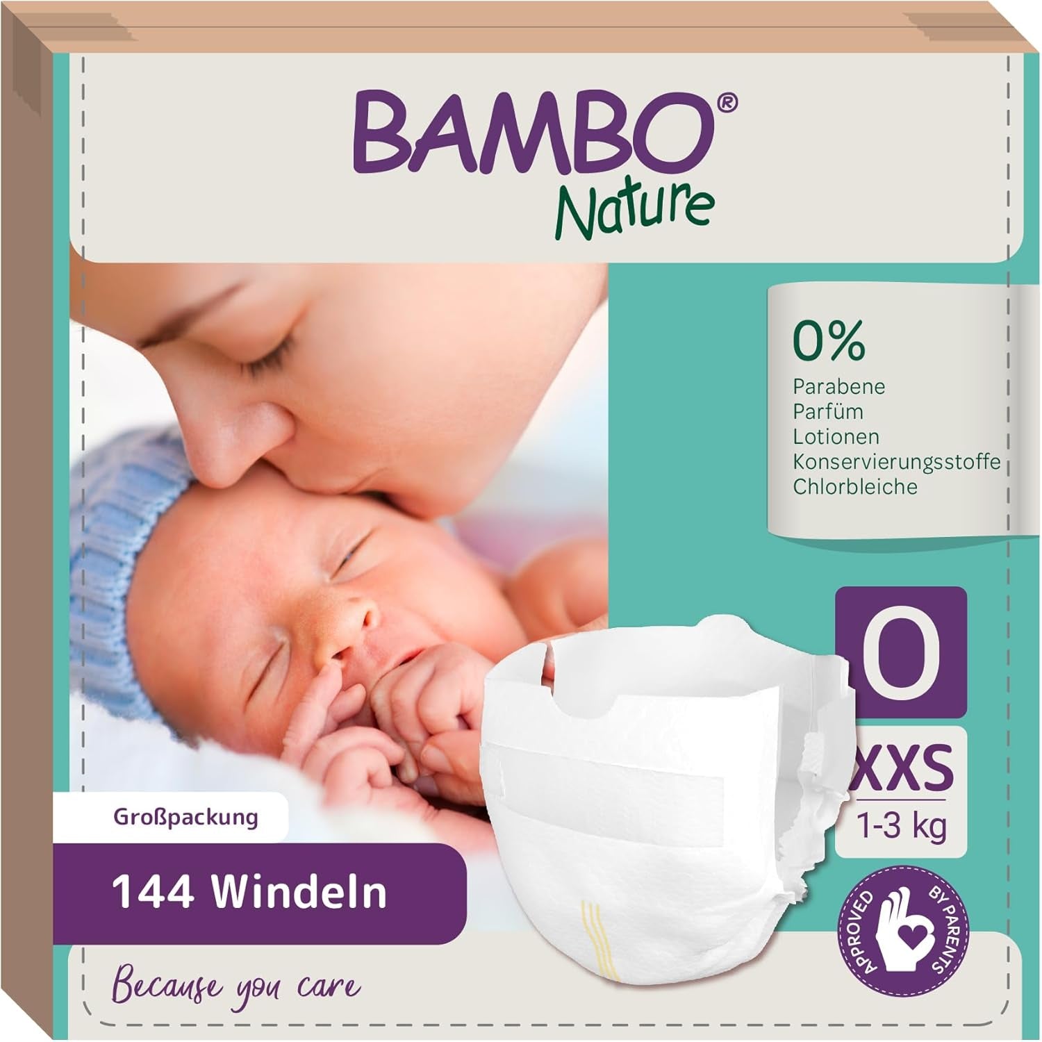 Couches Bambo Nature pour bébés, taille 0 (1-3 kg), 144 pcs, boîte mensuelle | Couches haut de gamme avec protection améliorée contre les fuites | Confort et liberté ultimes pour les nouveau-nés | Couches testées dermatologiquement