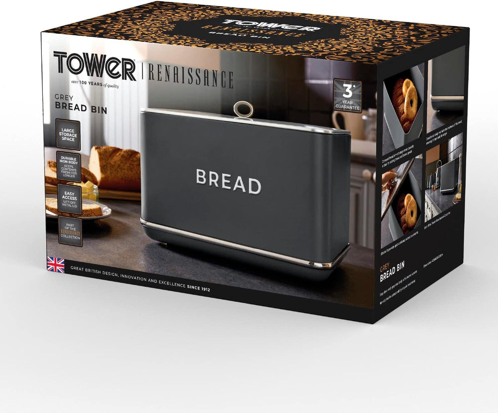 Corbeille à pain Tower T826175GRY Renaissance, capacité 16 l, couvercle simple, gris Boîtes de conservation Naty Shop