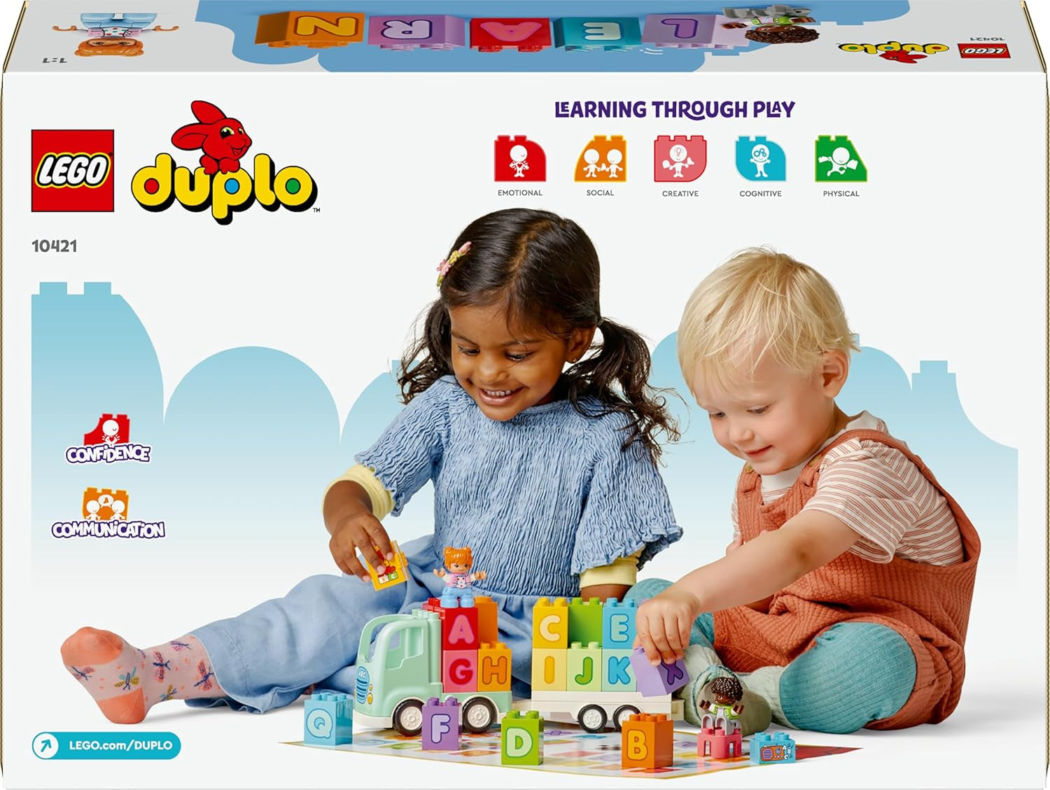 LEGO DUPLO Town ABC Truck, jeu de simulation pour petits enfants à partir de 2 ans, jeu ABC-LKW avec crochets et supports en bois, plus figurines d'un jeune et d'une fille, jeu pour enfants 10421