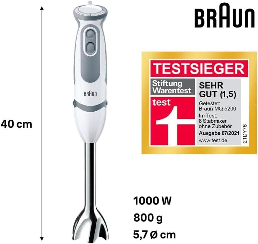 Braun Stabmixer MQ 5200WH - Multiquick 5 Vario Pürierstab Mit Edelstahl Mixfuß, 1000 Watt, Inkl. 600 Ml Mix- & Messbecher, Weiß/Grau Cuisine Naty Shop