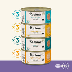 Applaws Hrană umedă premium 100% naturală pentru pisici adulte în bulion - Ton, pui, fructe de mare, selecție mixtă în bulion - Pachet de 12 conserve x 70 g