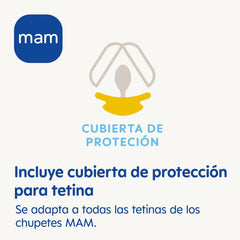 Sucette MAM, adaptée à tous types de tétines, anneaux de dentition et jouets, longueur réglable, avec cache-tétine, lavable, bleue, 1 pièce