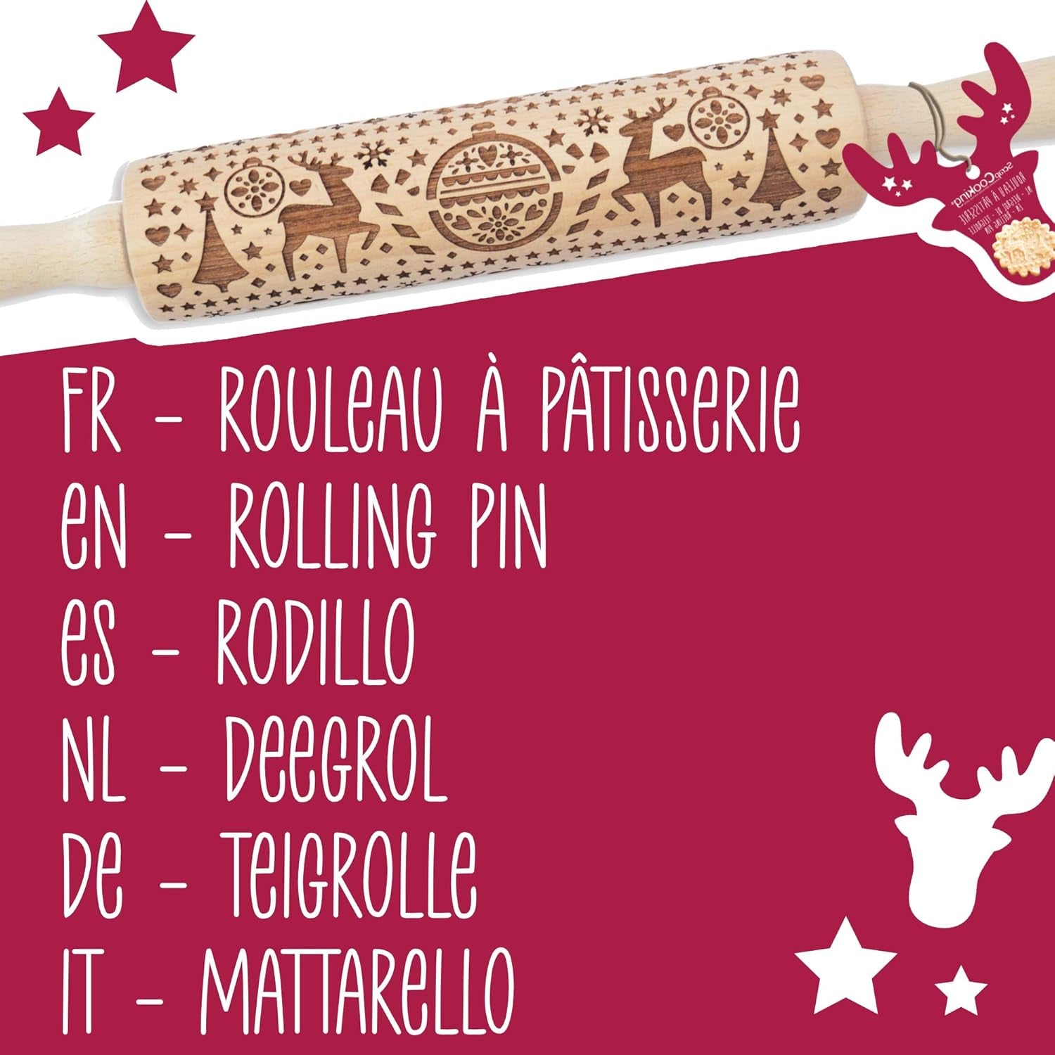 Scrap Cooking Rouleau à pâtisserie en bois motif Noël « Noël » - Rouleau à gaufrage pour biscuits - Accessoire décoratif - 5242