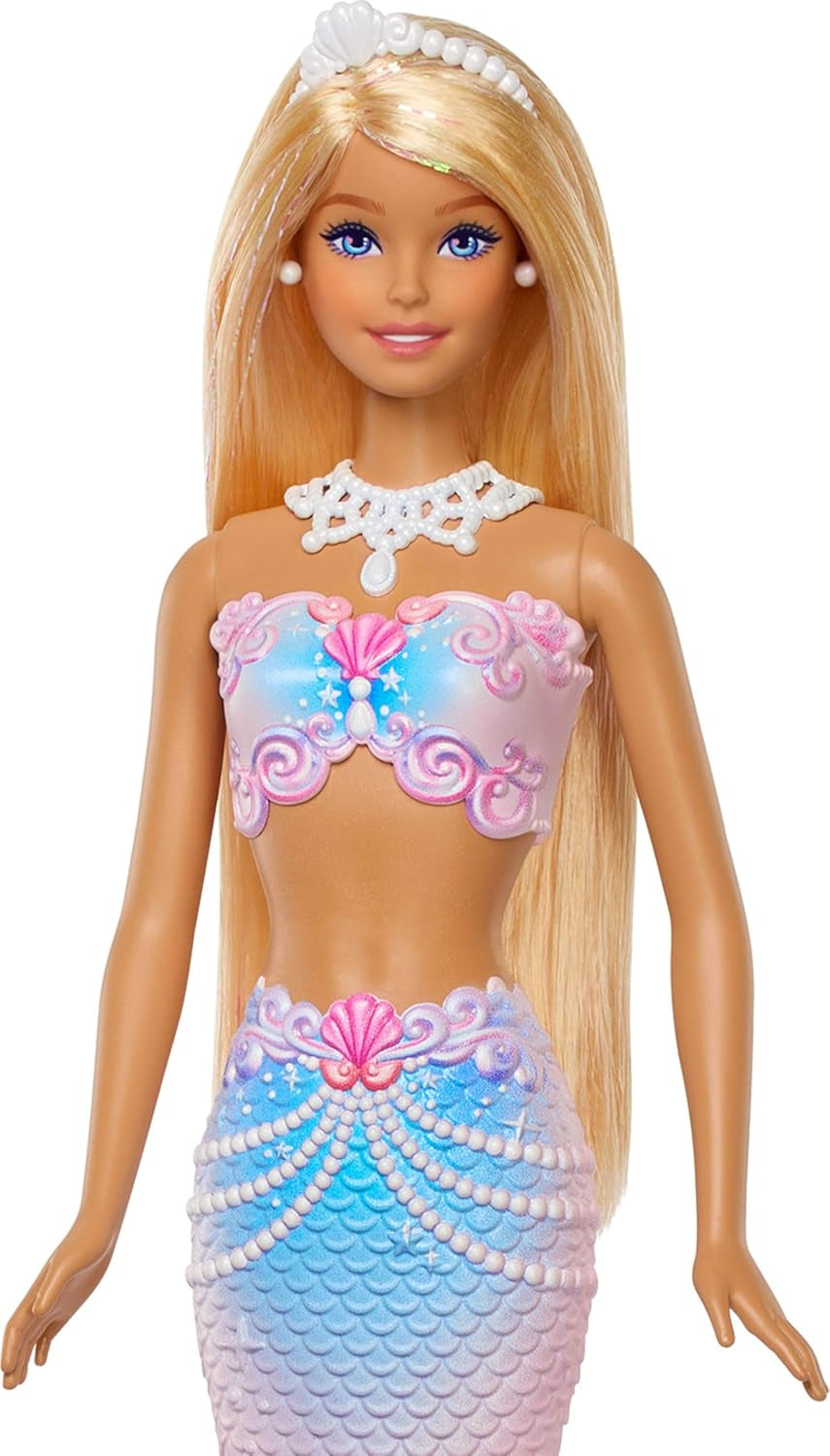 Barbie Bubble Sparkle Meerjungfrau-Puppe mit Seifenblasenfläschchen und -lösung, Tablett und Bürste, extralanges Blondes Haar mit Farbsträhnchen, JLW56