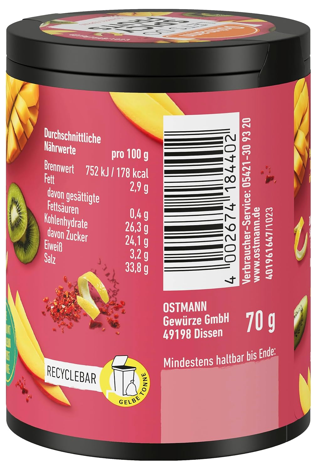 Ostmann Gewürze - Faisons des fruits épicés | Würzmischung für süßes Obst créé par Lalaleluu | scharfes Obst-Topping mit Chili and Pfeffer, lecker auf Apfel or Mango | 70 g dans une barre de recyclage Metalldose