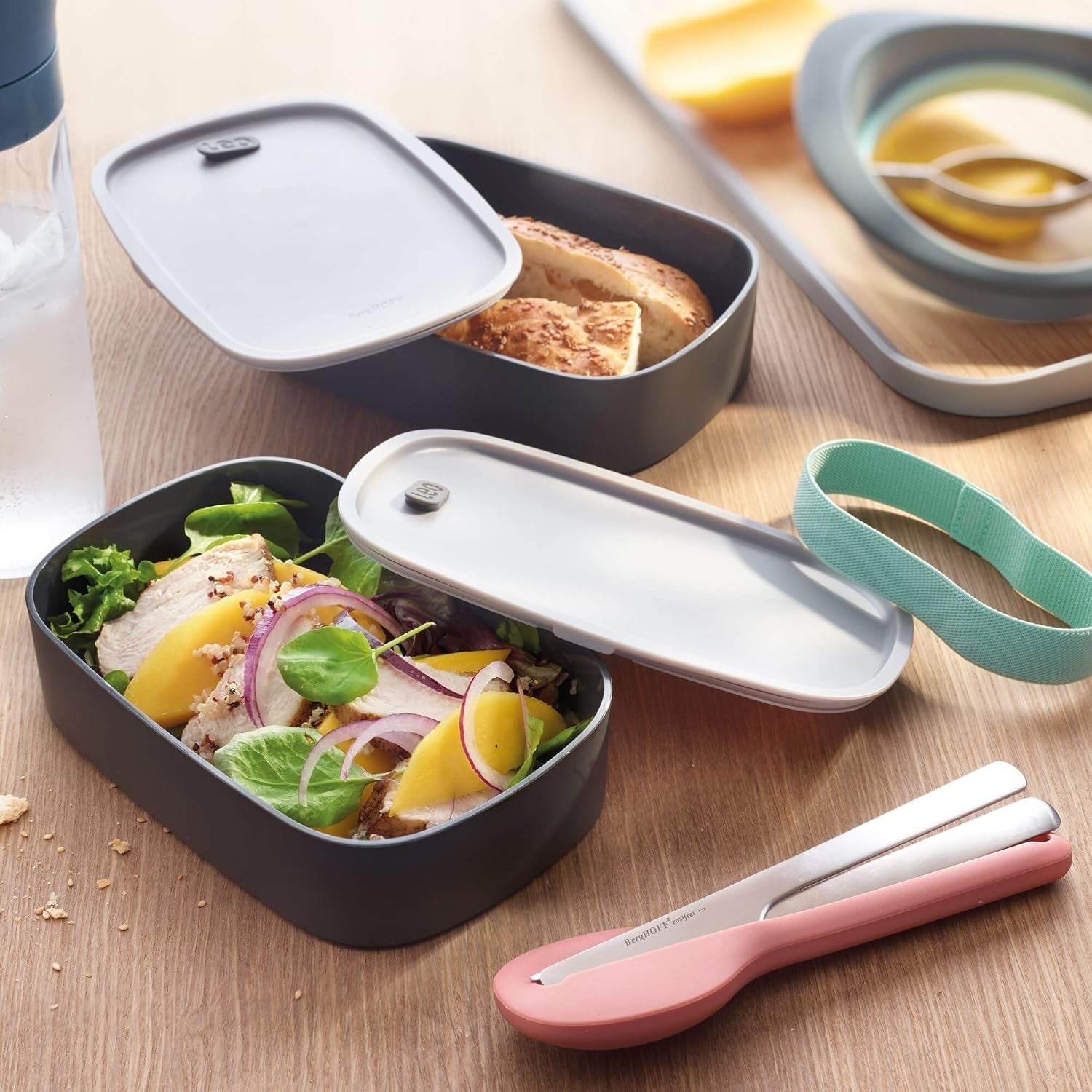 Boîte à bento double BergHoff - Leo (coffret déjeuner 19x12,5x9 cm, deux boîtes, passe au micro-ondes, fermeture hermétique, passe au lave-vaisselle, idéal pour les snacks / snacks / salade) 3950126 Boîtes de conservation alimentaire Naty Shop