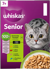 Whiskas Senior 7+ Nourriture humide Sélection mixte en sauce, 48 sachets, 12x85 g (lot de 4) - Nourriture humide de haute qualité pour chats de 7 ans et plus