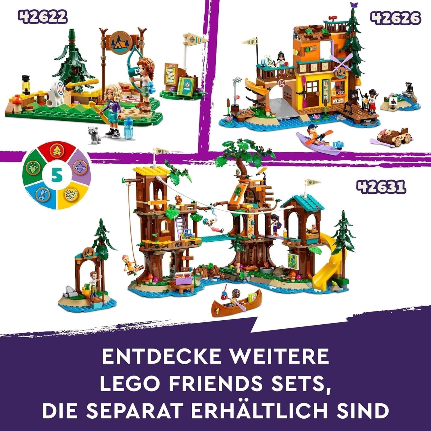 LEGO Friends Tree House At Adventure Camp, set de jeu pour filles et garçons à partir de 8 ans avec 5 figurines et 5 animaux, idée cadeau pour jeux créatifs, jouets de sport, maison de poupée 42631 Sets de construction Besuche den LEGO-Store