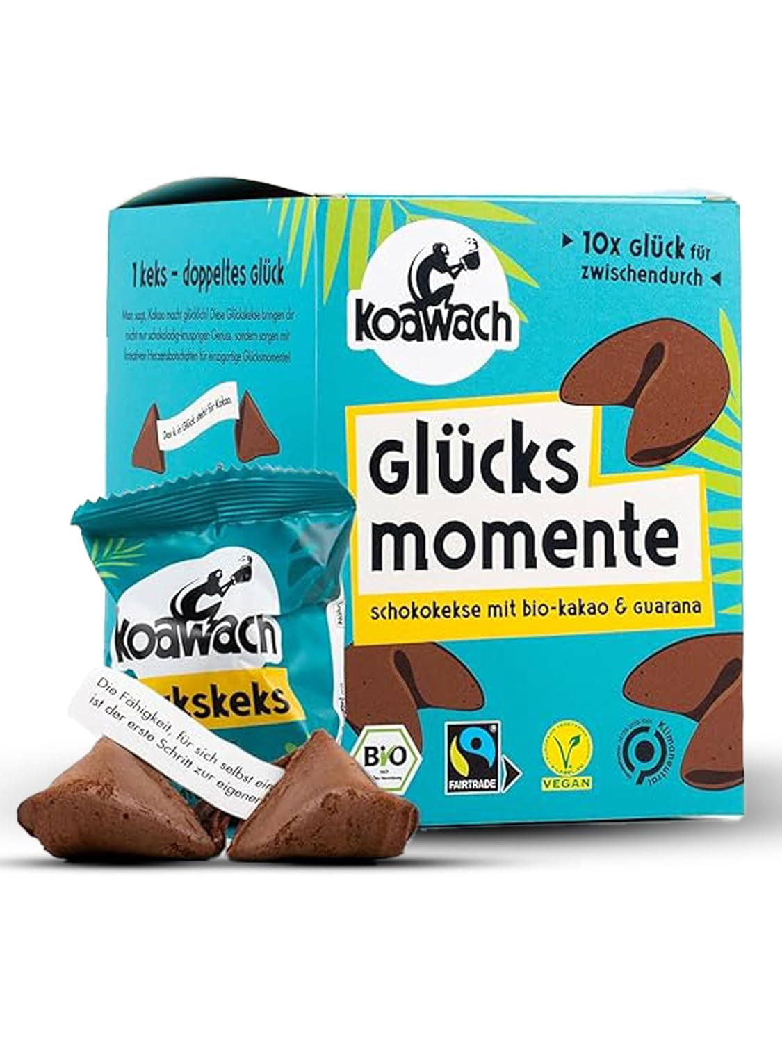 Fursecuri Koawach Fortune Happy Moments Chocolate Vegan – Fursecuri cu ciocolată, ambalate individual – Sustenabile, organice și echitabile – Fursecuri Guarna cu cafeină