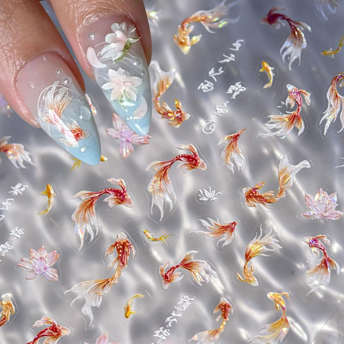 JMEOWIO 3D Nagelsticker Koi Fisch Nail Art Sticker Selbstklebend Nagelaufkleber 5D Stereoskopisch Dekoration Nageldesign Zubehör 1 Blatt