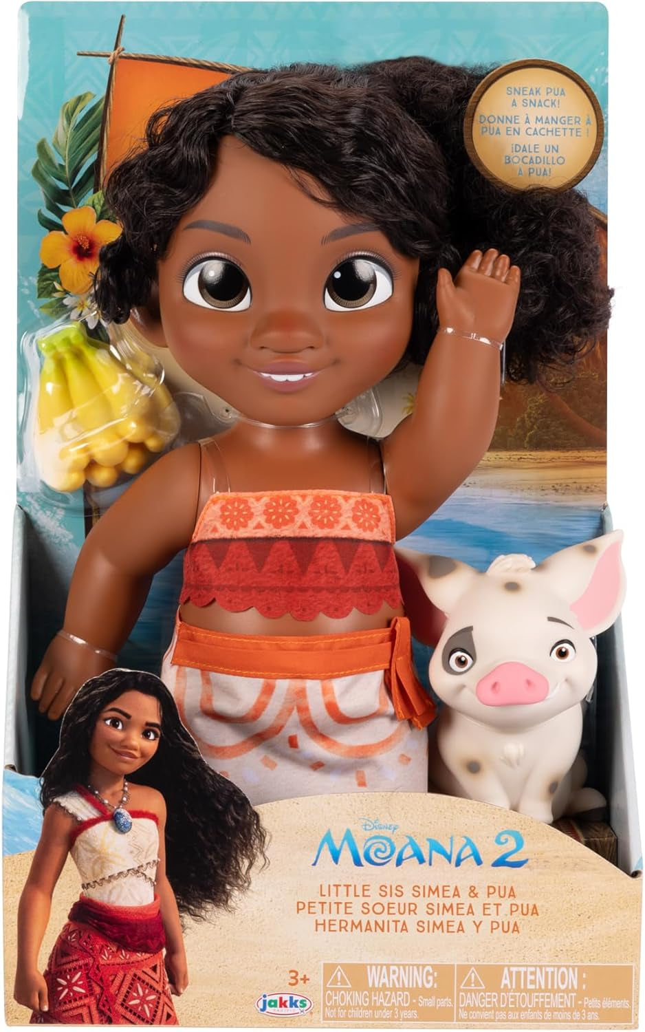 Jakks Pacific Moana 2 Little Sister Simea Doll and Pua Figure Playset 27 cm de haut, comprend 1 tenue de poupée, 1 Pua, 1 régime de bananes en plastique, recommandé à partir de 3 ans