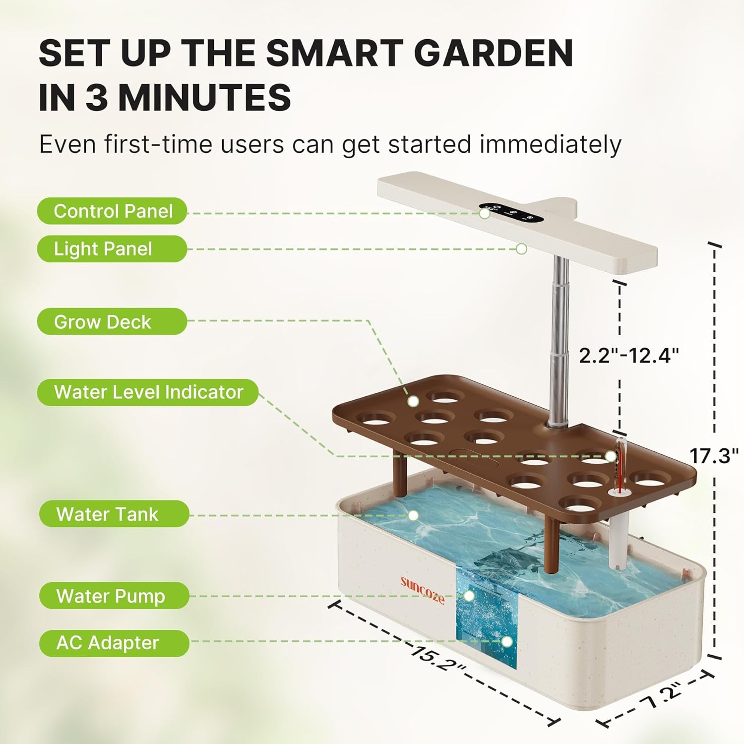 Kit de système de culture hydroponique 12 capsules, lampe de jardin intérieure LED 24 W, réservoir d'eau 4 L avec pompe silencieuse, jardinière d'herbes réglable en hauteur, kit de jardinage intérieur, cadeaux de jardinage, beige