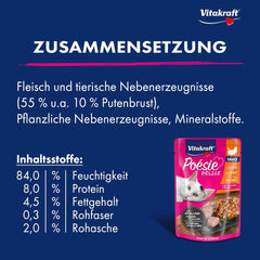 Vitakraft Poésie Délice, hrană umedă pentru pisici, hrană pentru pisici în sos, cu curcan, pachet vrac, fără zahăr adăugat sau cereale (23 x 85g)