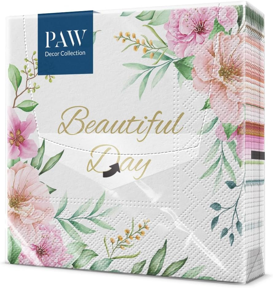 PAW - Șervețele 3 straturi (33 X 33 Cm) I 20 bucăți I Perfect pentru zile de naștere, petreceri, nunți, comuniuni și sărbători I Decor de masă Șervețele de hârtie elegante - Eucalipt auriu I Eucalipt auriu