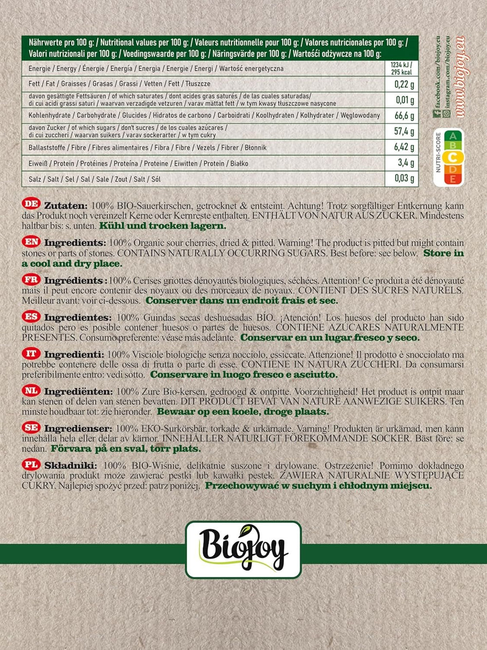 Cerises Biojoy séchées (1 kg), dénoyautées et non soufrées, produits déshydratés Naty Shop