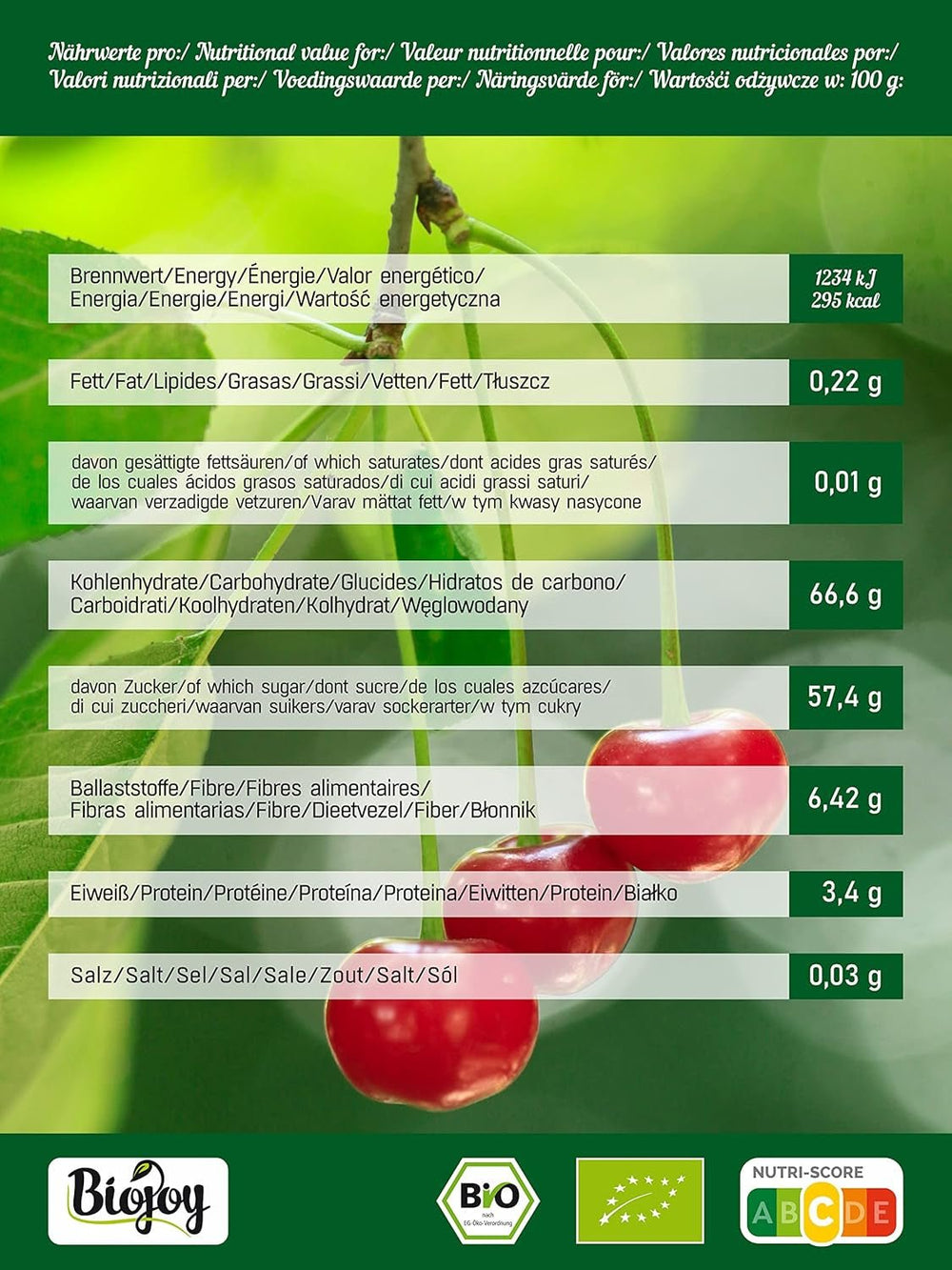 Cerises Biojoy séchées (1 kg), dénoyautées et non soufrées, produits déshydratés Naty Shop